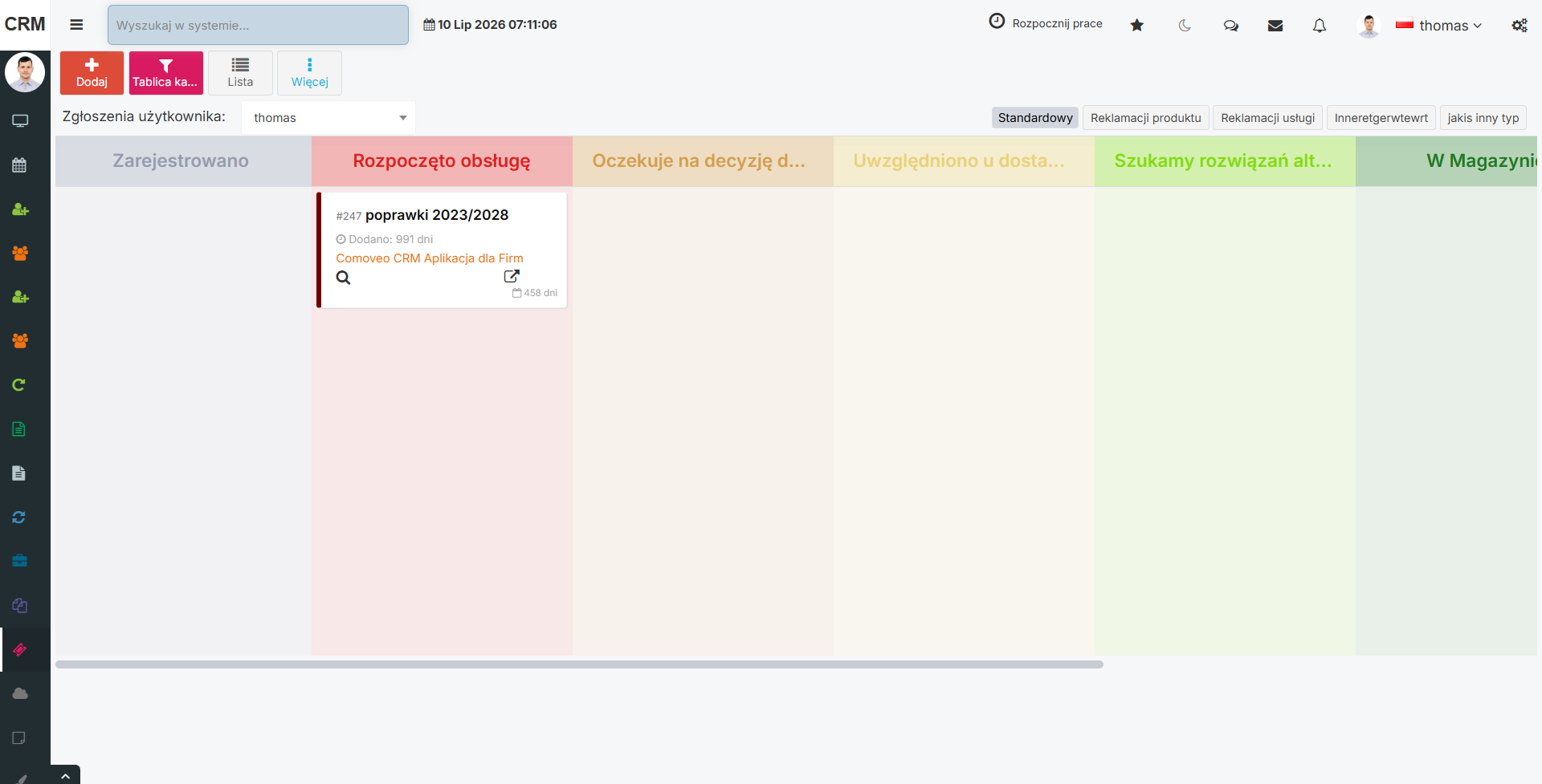 Tablica Kanban w Comoveo — etapy obsługi zleceń i reklamacji